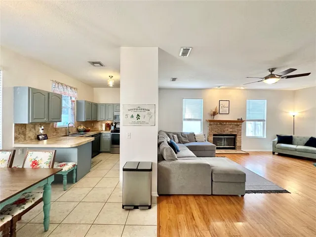 View of the kitchen and the great room