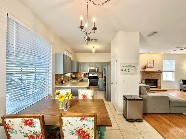 View of the kitchen, dine-in kitchen, and great room