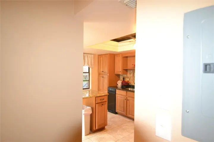 View into kitchen from dining Buffet counter