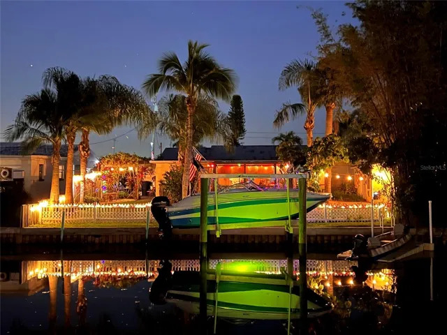 The back all lit up at night