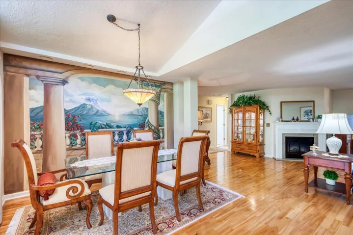 Living room opens to dining room with painted mural wall~