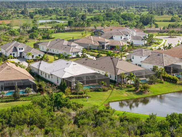 Aerial of the exterior views of pond and preserve