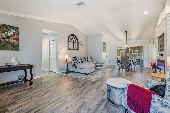 The vaulted ceiling gives an open and airy feeling in the living/dining area