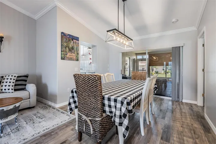 Designer light fixture in dining area