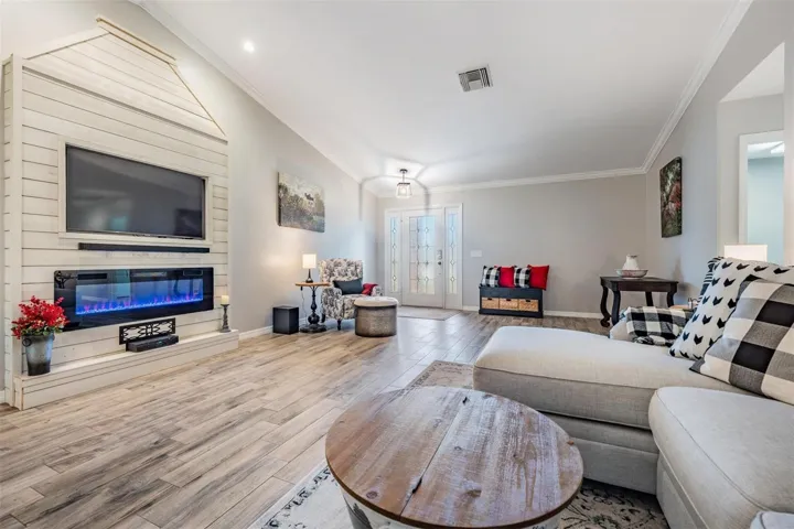A modern interior with an electric fireplace