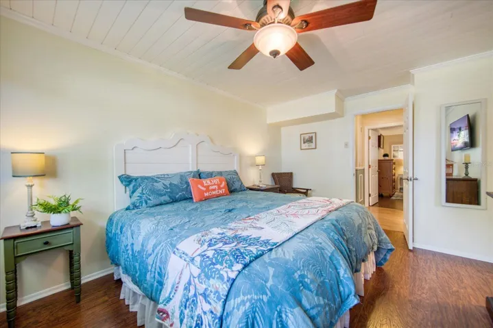 Updated shiplap ceiling, baseboard, panel door, & ceiling fan~