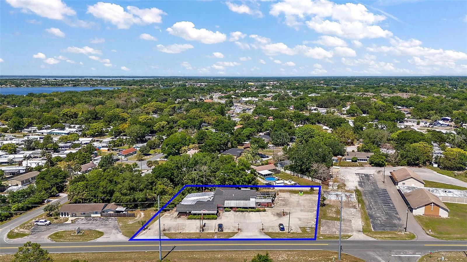 Drone of property with outline looking North