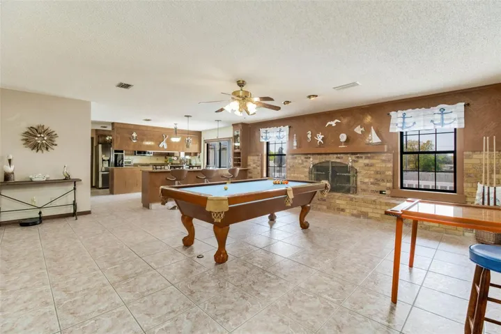 Great room with wood burning fireplace