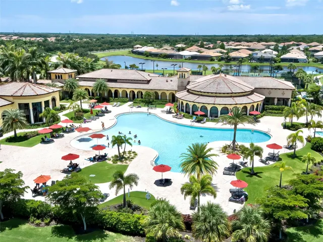 Aerial View of Community Pool, Clubhouse & Fitness Center