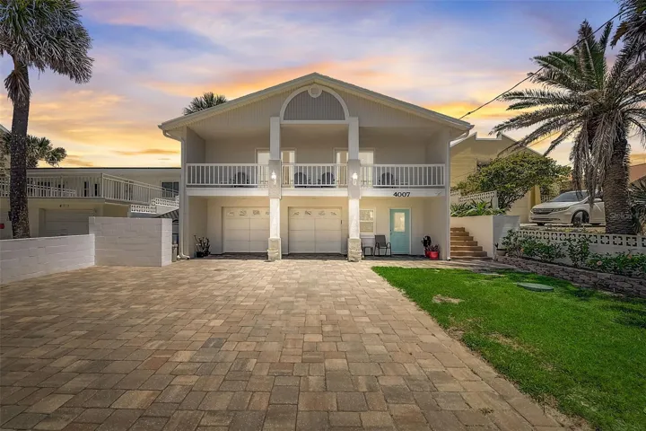 Twilight image of the front of the house