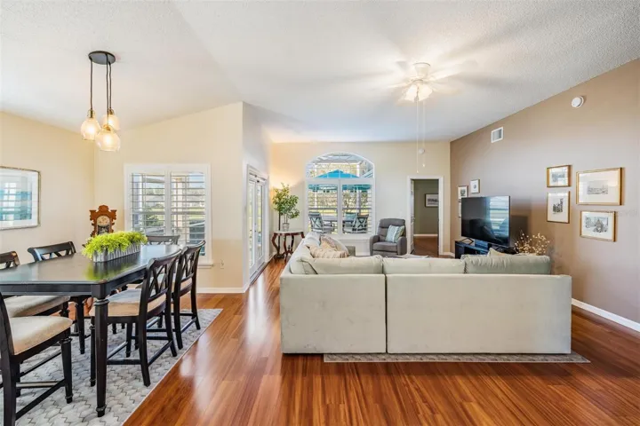 View of family room and dining area from kitchen