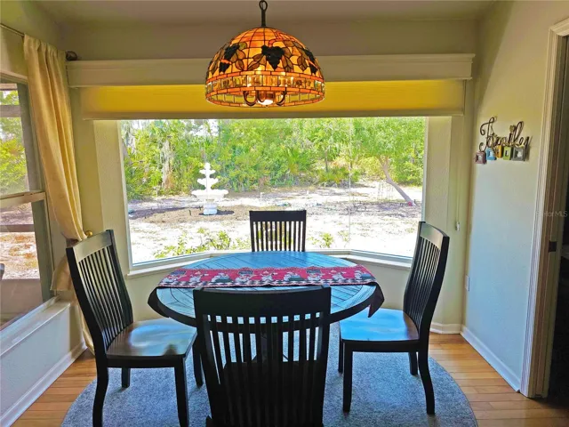 Breakfast nook off kitchen overlooking fountain