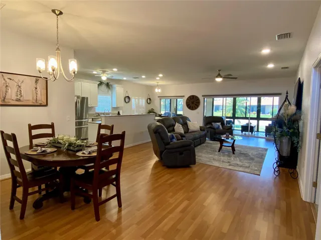 Open floor plan with dining, living and kitchen