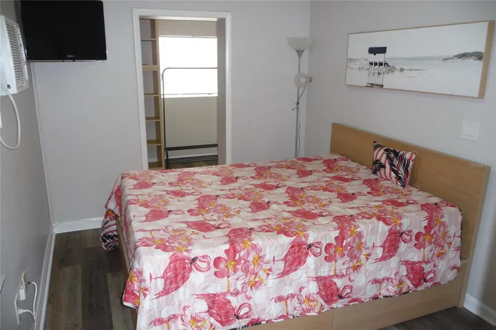Bedroom has TV and ceiling fan