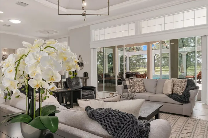 Sight line from LIVING ROOM through stack back SLIDING GLASS DOORS to the OUTDOOR OASIS. Note extensive woodworking around TRANSOM WINDOWS, SLIDING GLASS DOORS, CORNICES, & TRAY CEILING (above).