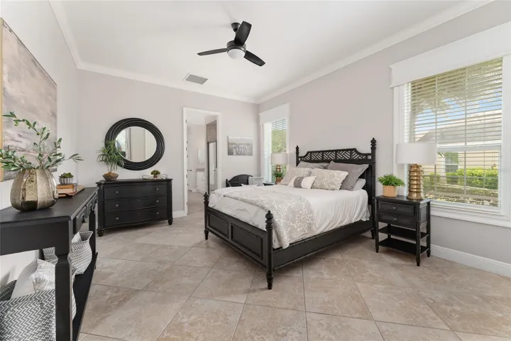 BEDROOM 3 (back) is ample size w/ continuation of all quality features previously mentioned. Doorway (center back) leads to POOL BATH (Bathroom 3).