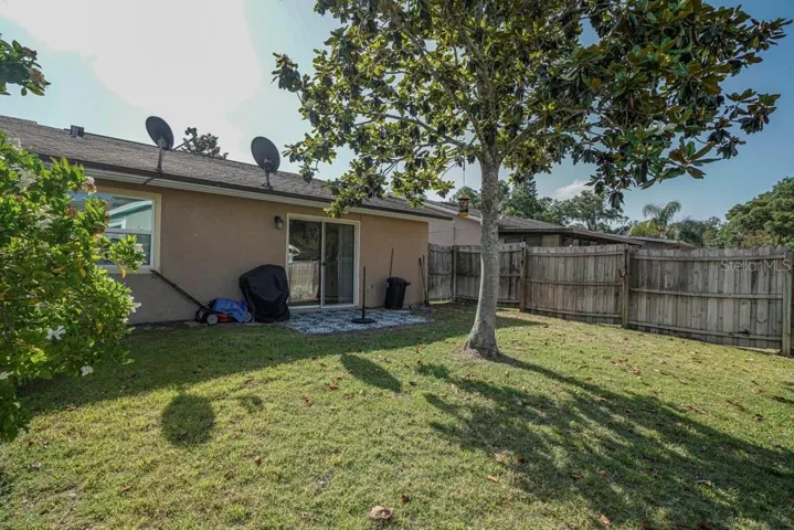 View of fenced rear yard - mature Magnolia tree