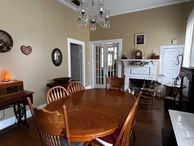 Dining room with fire place.