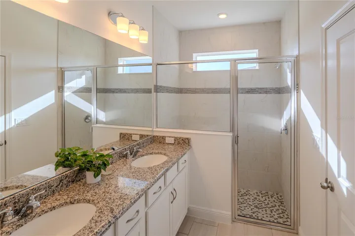 Dual vanities with walk-in shower