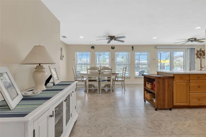 View from living room to kitchen and dining room.