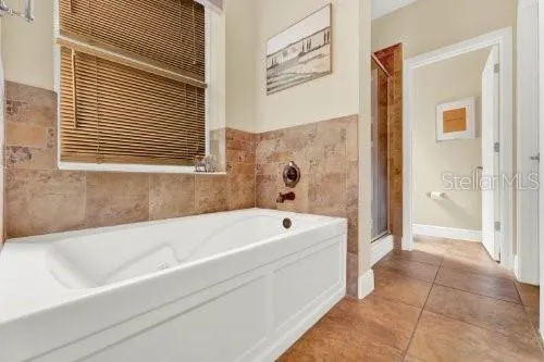Master bathroom with tub and walk-in shower