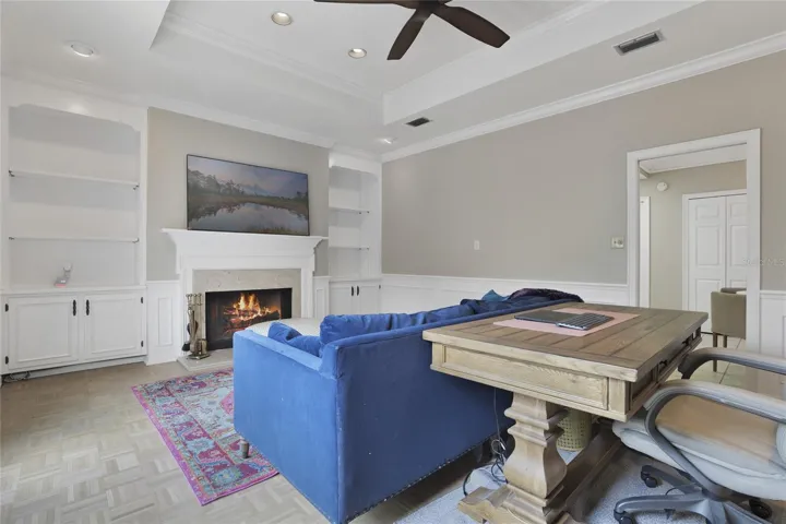Family room with recessed can lighting