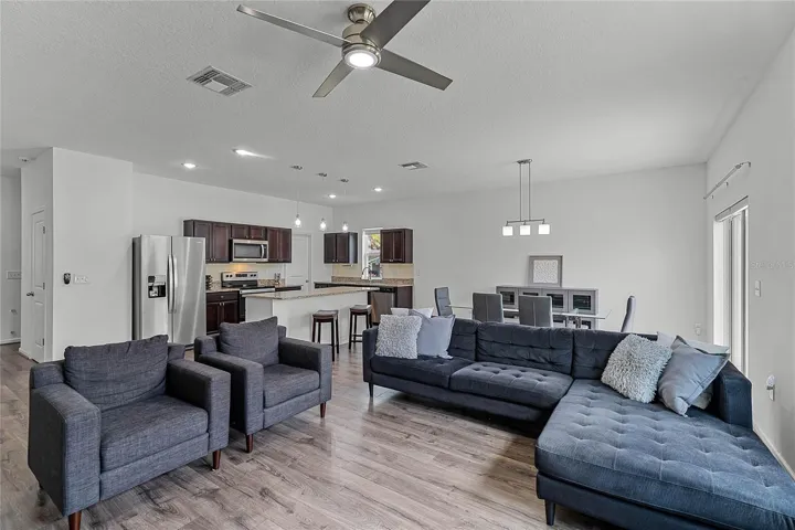 Kitchen, dining & living room combo