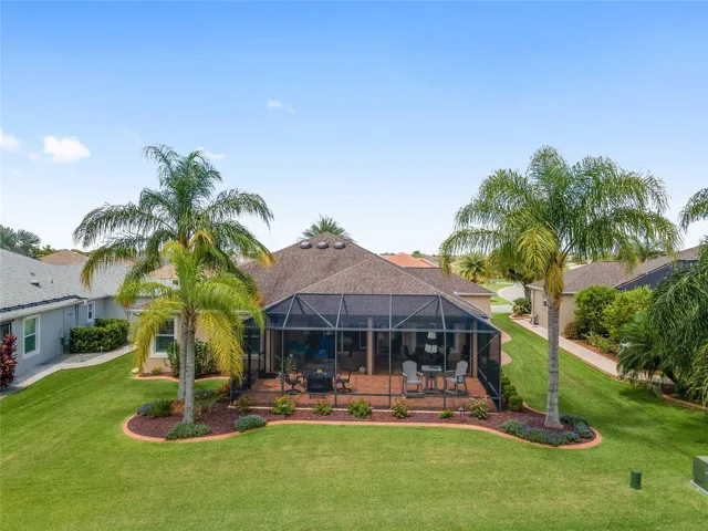 REAR AERIAL OF PATIO AND LANAI, PALMS AND MANICURED LAWN AND BEDS.