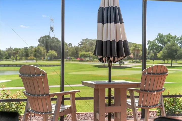 HIGHTOP UMBRELLA TABLE AND CHAIRS REMAIN WITH THE HOME AND OFFER GREAT VANTAGE POINT TO WATCH GOLFERS PUTT FOR BIRDIE!