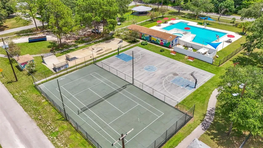 Park has public pool, tennis & skate park too