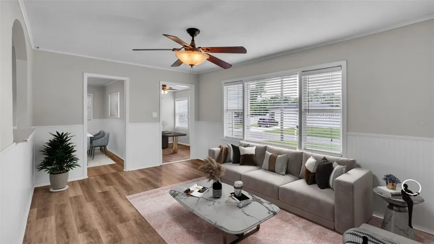 Living room, off front office & dinning room
