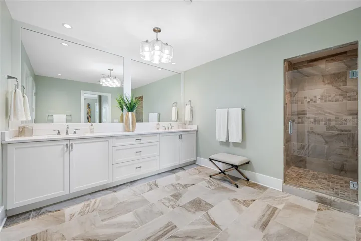 Walk in shower seamless glass double sink vanity