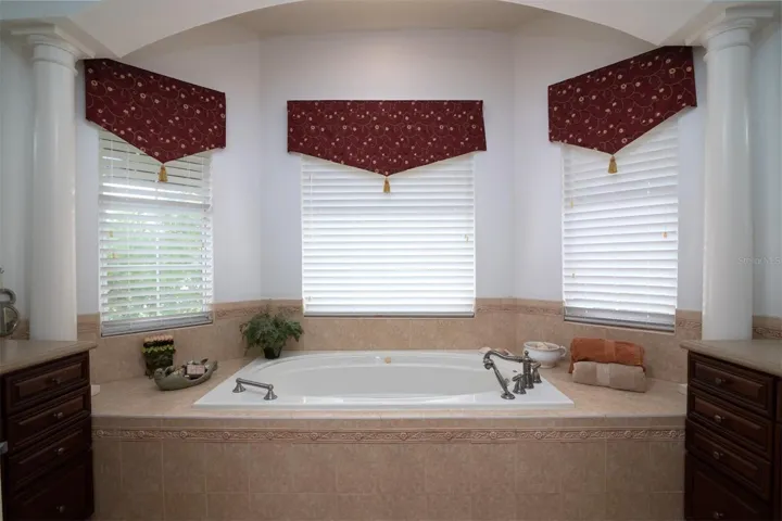 The master bath has fashionable window treatments.