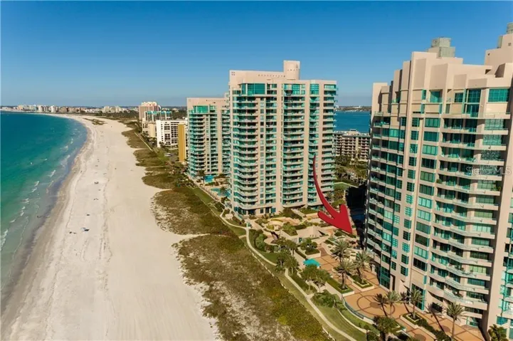 Aerial view of building with unit located indicated