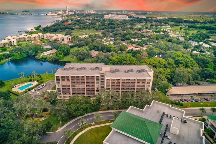 Ariel view of the building and pool