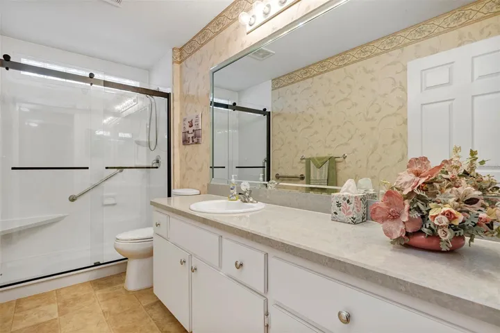 Main bathroom with new sliding glass doors and hand rails