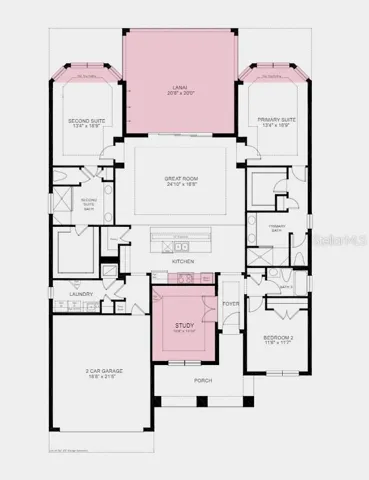 Floor Plan - Structural options added include: Gourmet kitchen, study, 8' interior doors, bay window at primary suite, second suite alternate 1, outdoor kitchen rough-in, and extended covered lanai.