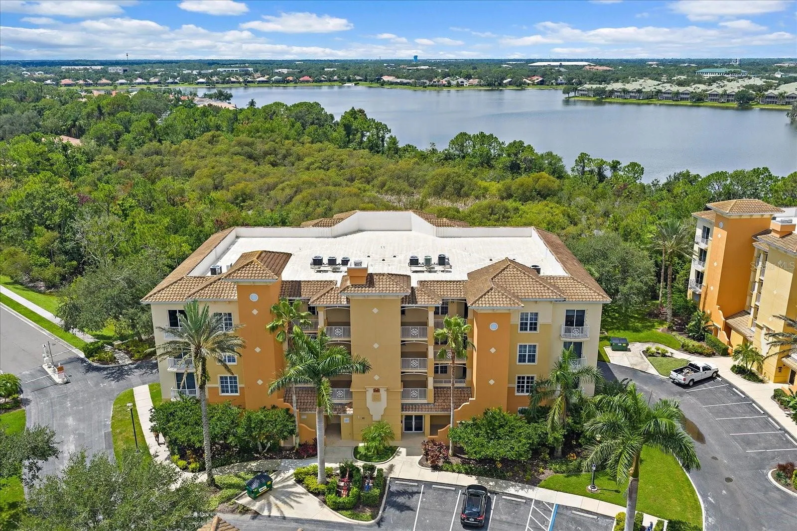 Aerial view of the building with water views