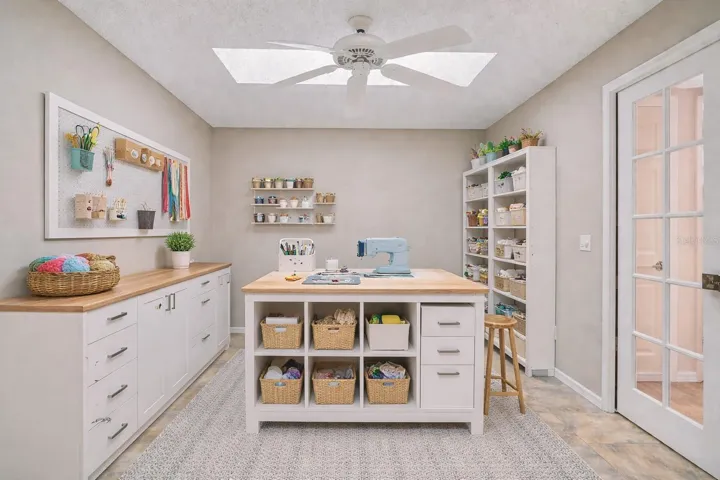 Staged furniture-gives you an idea this would make a great craft room with natural light from skylight!