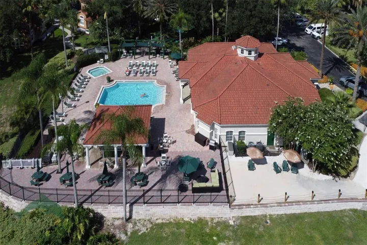 Overview of the clubhouse with the pool