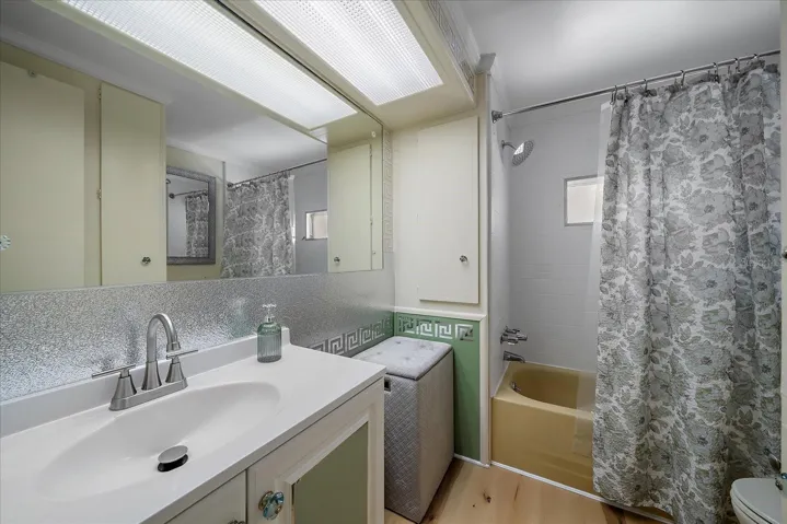 Hall bath, new vanity, tile shower