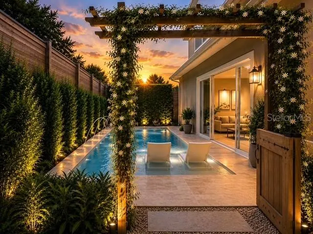 AI generated to portray potential development of pool with privacy fencing.