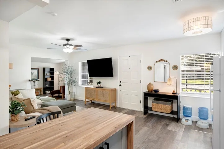 A view from the kitchen toward the main entrance .