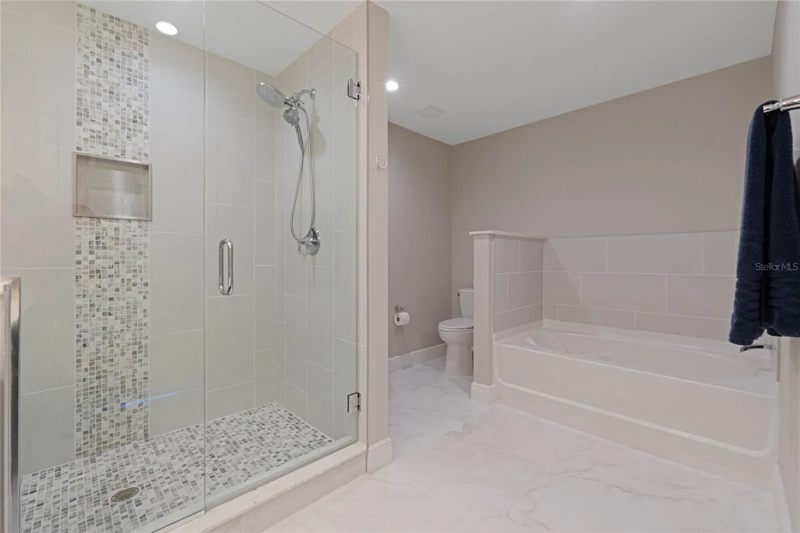 Master bathroom shower and soaking tub.