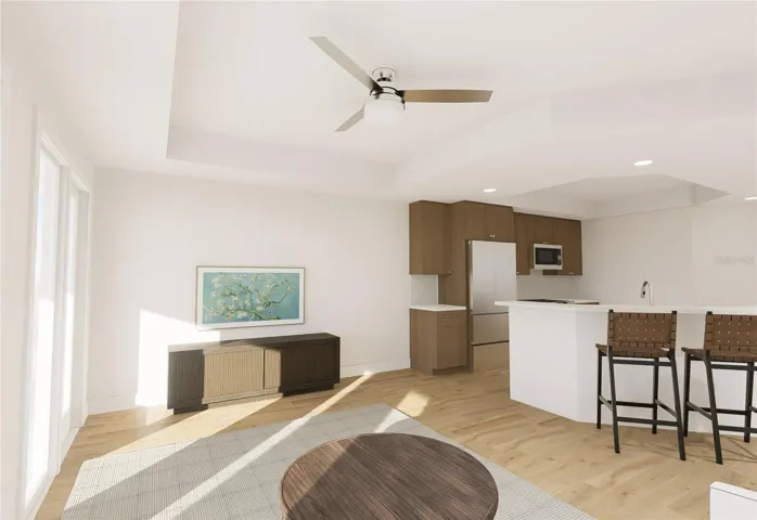 Grand salon and kitchen