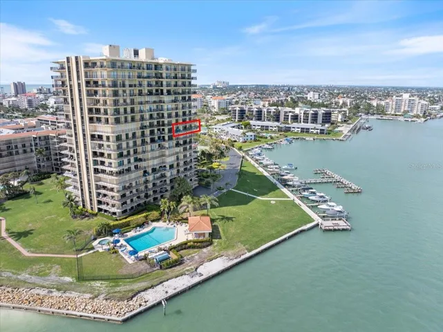 Aerial 1100 S Collier Ave Unit 1025 3 Pools/Spa, Marina, Docks, Fishing Pier, Stunning Water Views