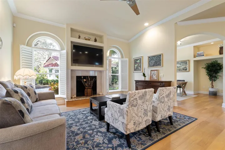 Family room with wood burning fireplace