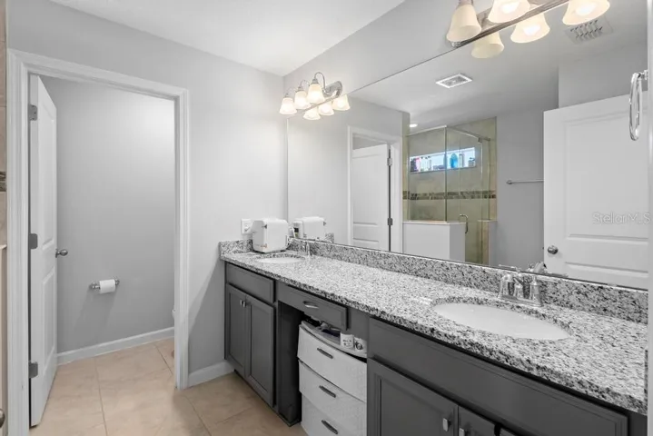 Primary Bathroom, Double sinks, Private commode and spacious countertops with added storage built in below cabinet.