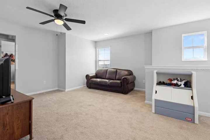 2nd floor living space with natural light and carpeting and ceiling fan.