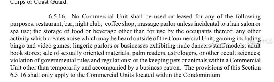 Business allowed and prohibited in the unit